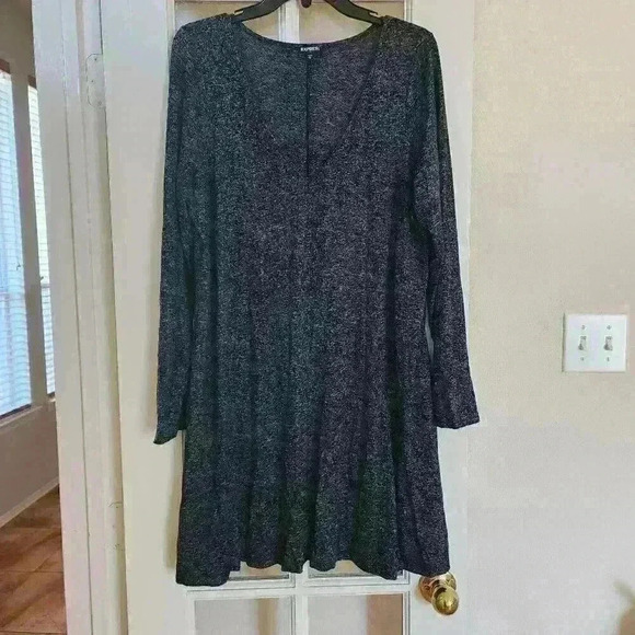 Express Long Sleeve V Neck Gray Knit A Line Swing Dress XL Fall Winter Casual - Picture 1 of 9